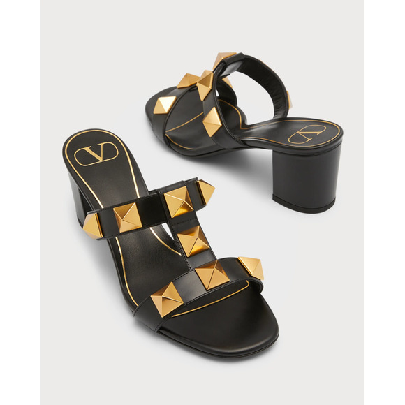 Valentino Rockstud Roman Stud Black City 60mm Slide Mule Sandal Block Heel 37.5 - Picture 7 of 16